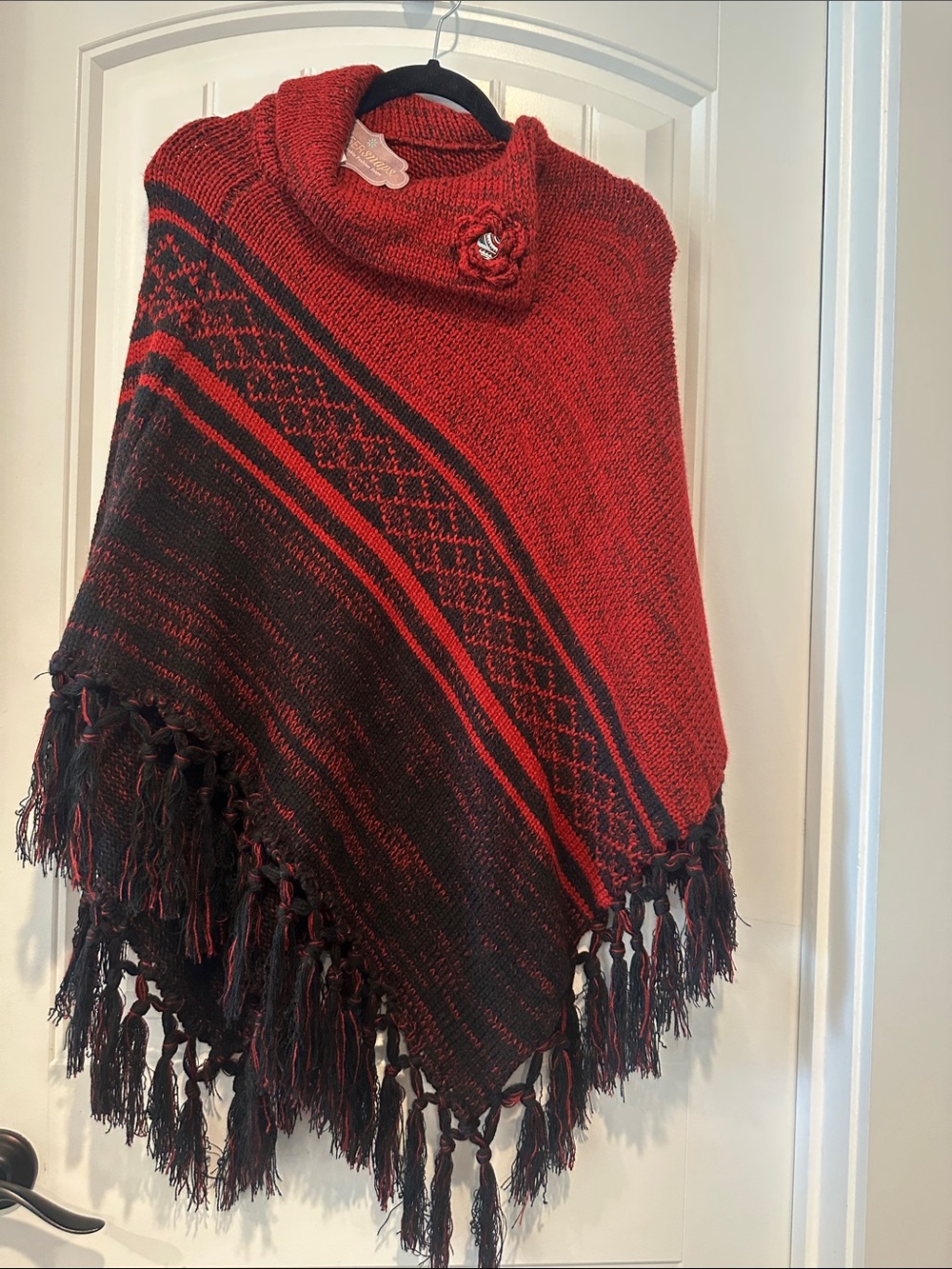 Red & Black Fringed Knit Poncho with Rosette Collar - Brand Gingersnaps